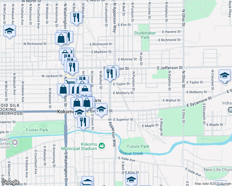 map of restaurants, bars, coffee shops, grocery stores, and more near 509 East Mulberry Street in Kokomo