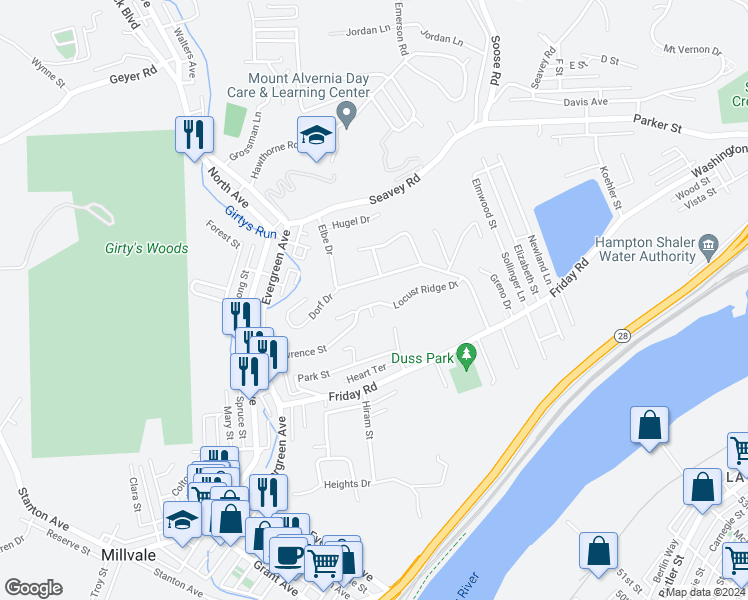 map of restaurants, bars, coffee shops, grocery stores, and more near 793 Locust Ridge Drive in Pittsburgh