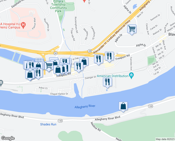 map of restaurants, bars, coffee shops, grocery stores, and more near 1310 Old Freeport Road in Pittsburgh
