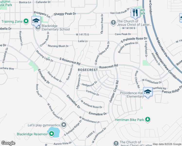 map of restaurants, bars, coffee shops, grocery stores, and more near 14464 Windom Road in Herriman