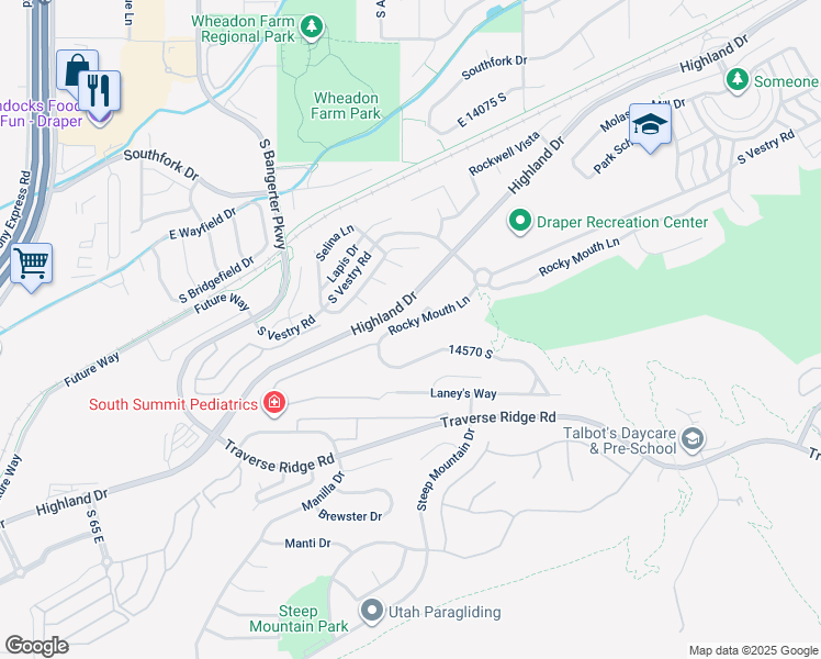map of restaurants, bars, coffee shops, grocery stores, and more near 547 Rocky Knoll Lane in Draper