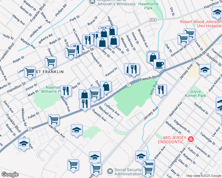 map of restaurants, bars, coffee shops, grocery stores, and more near 3 Alfred Avenue in Franklin Township