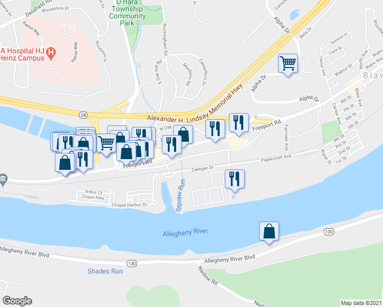 map of restaurants, bars, coffee shops, grocery stores, and more near 1310 Old Freeport Road in Pittsburgh