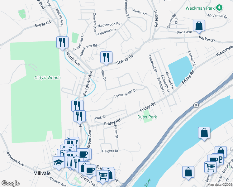 map of restaurants, bars, coffee shops, grocery stores, and more near 743 Locust Ridge Drive in Pittsburgh
