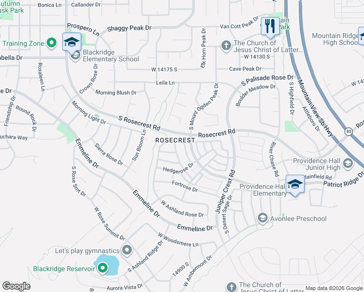 map of restaurants, bars, coffee shops, grocery stores, and more near 14464 Windom Road in Herriman
