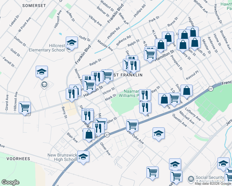 map of restaurants, bars, coffee shops, grocery stores, and more near 131 Mark Street in Franklin Township