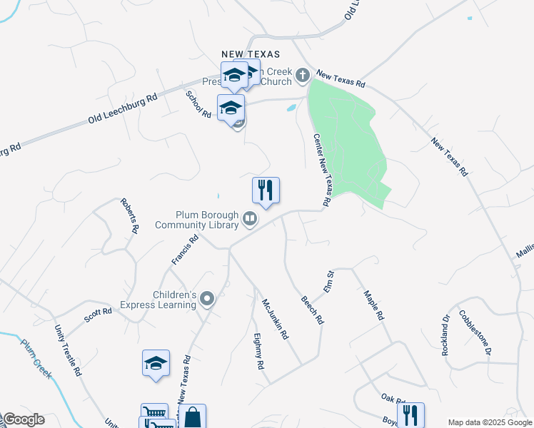 map of restaurants, bars, coffee shops, grocery stores, and more near 499 Center New Texas Road in Pittsburgh