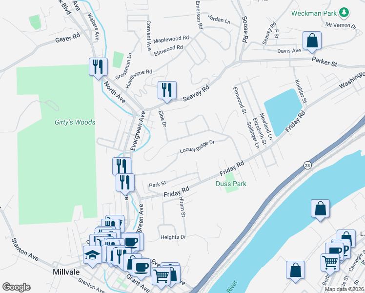 map of restaurants, bars, coffee shops, grocery stores, and more near 743 Locust Ridge Drive in Pittsburgh