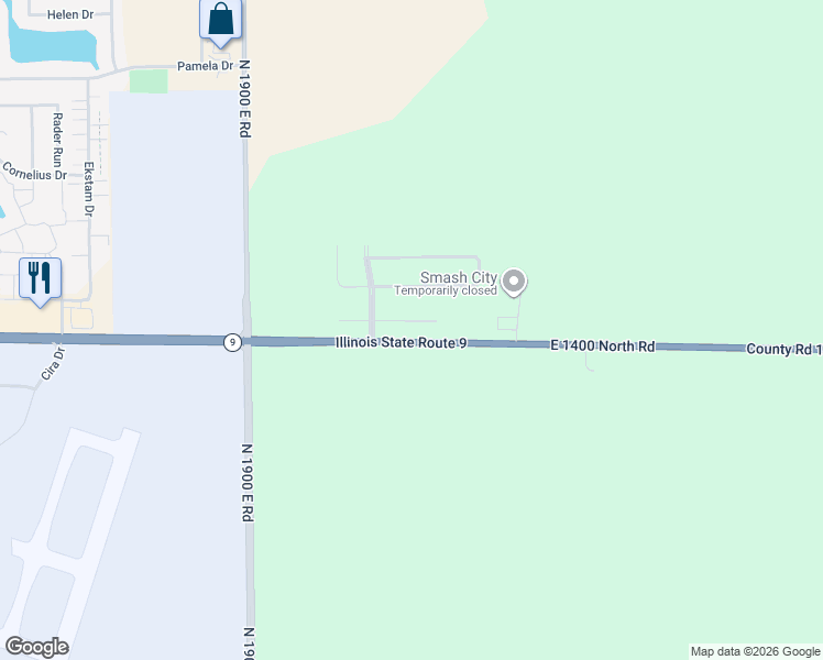 map of restaurants, bars, coffee shops, grocery stores, and more near County Road 1400 North in Bloomington