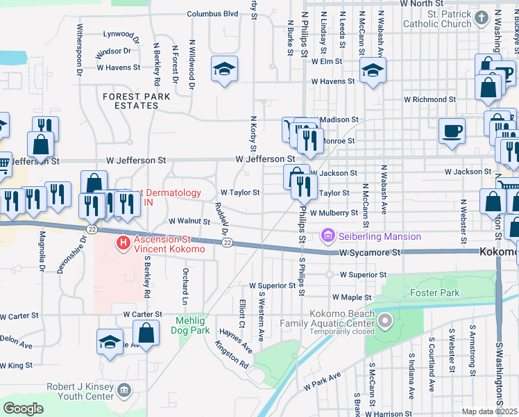 map of restaurants, bars, coffee shops, grocery stores, and more near 301 North Western Avenue in Kokomo