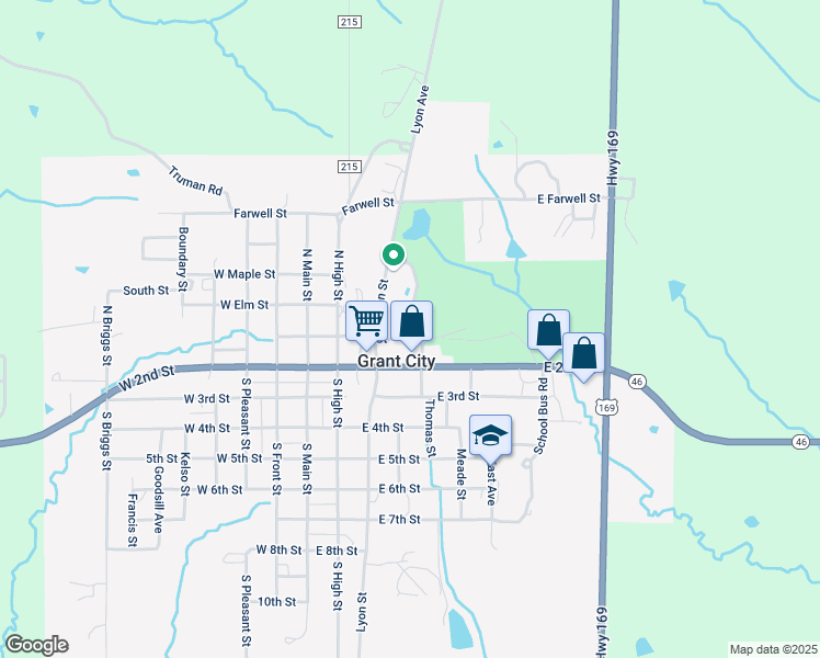 map of restaurants, bars, coffee shops, grocery stores, and more near 307 East 2nd Street in Grant City