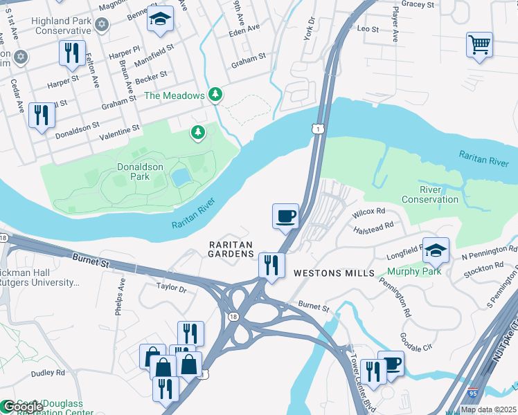 map of restaurants, bars, coffee shops, grocery stores, and more near 11 U.S. 1 in New Brunswick