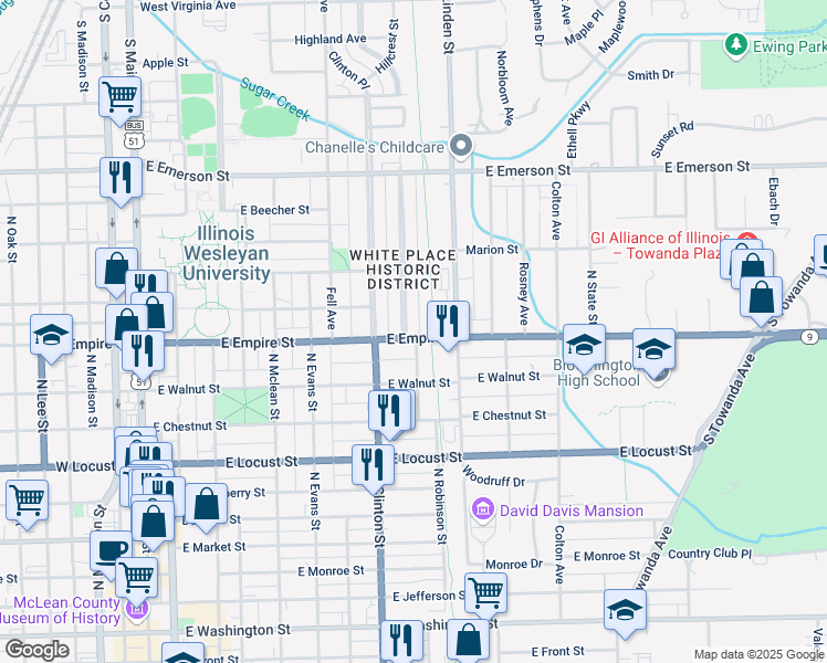 map of restaurants, bars, coffee shops, grocery stores, and more near 1 White Place in Bloomington