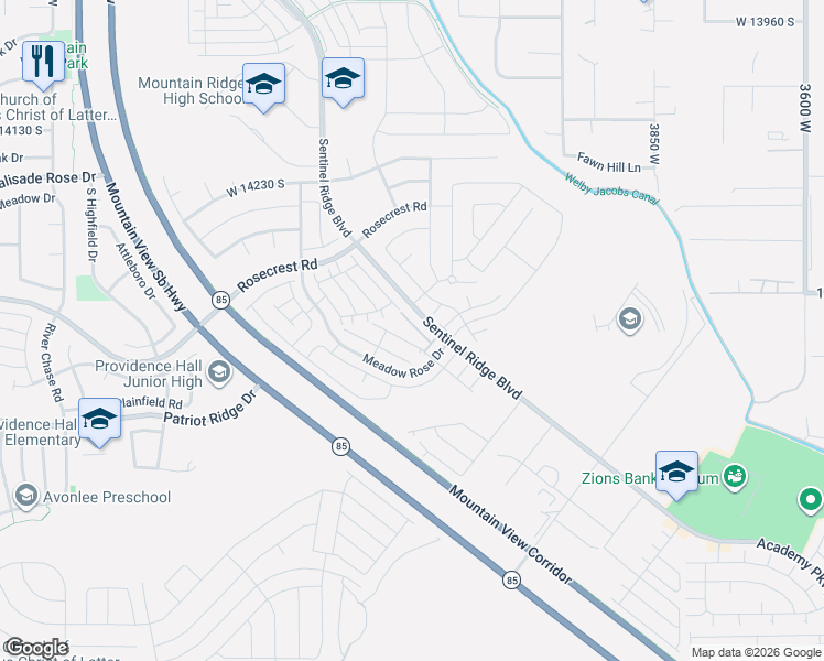 map of restaurants, bars, coffee shops, grocery stores, and more near 14472 South Selvig Way in Herriman