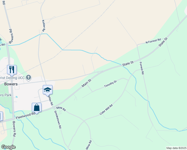 map of restaurants, bars, coffee shops, grocery stores, and more near 123 Main Street in Mertztown