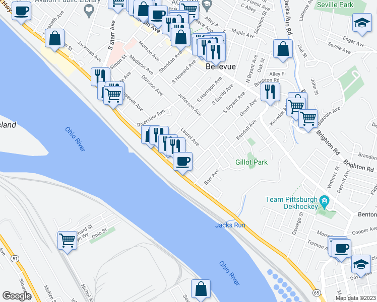 map of restaurants, bars, coffee shops, grocery stores, and more near 202 Gilliland Avenue in Bellevue