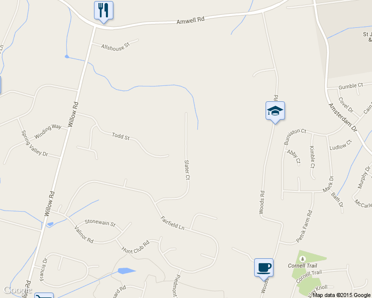 map of restaurants, bars, coffee shops, grocery stores, and more near 16 Slater Court in Hillsborough Township