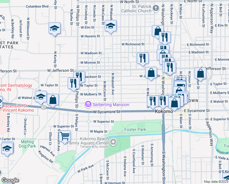 map of restaurants, bars, coffee shops, grocery stores, and more near 822 West Mulberry Street in Kokomo