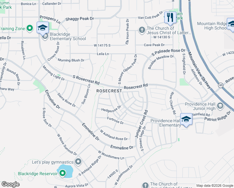 map of restaurants, bars, coffee shops, grocery stores, and more near 14492 Windom Road in Herriman