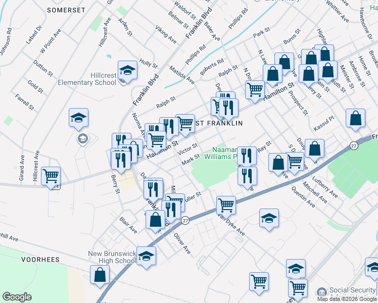 map of restaurants, bars, coffee shops, grocery stores, and more near 140 Victor Street in Franklin Township