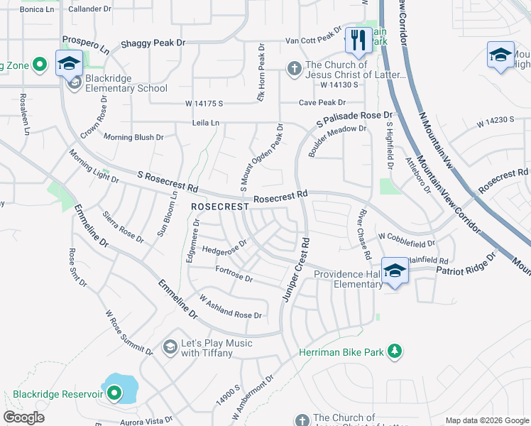 map of restaurants, bars, coffee shops, grocery stores, and more near 14493 Stone Stream Street in Herriman
