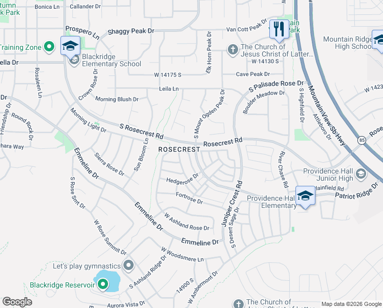map of restaurants, bars, coffee shops, grocery stores, and more near 14492 Windom Road in Herriman