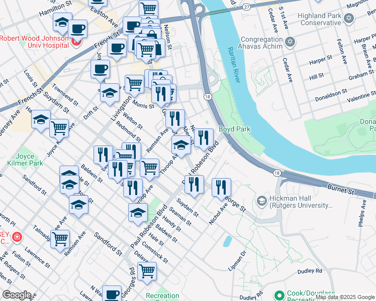map of restaurants, bars, coffee shops, grocery stores, and more near 189 George Street in New Brunswick