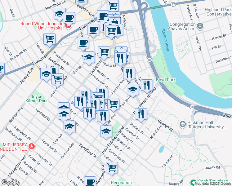 map of restaurants, bars, coffee shops, grocery stores, and more near 151 Townsend Street in New Brunswick