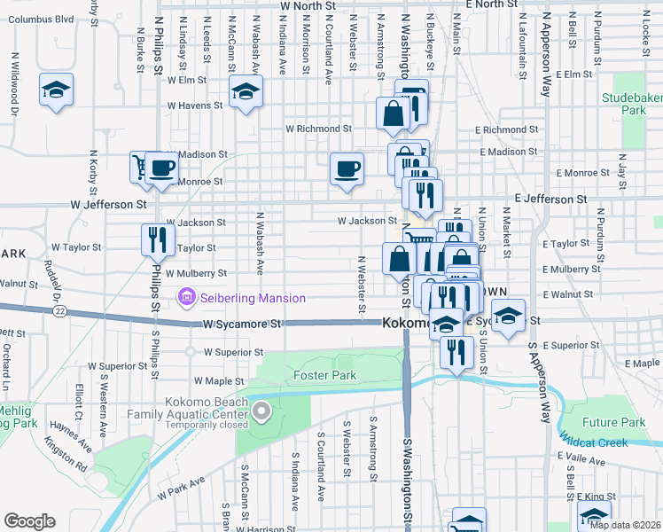 map of restaurants, bars, coffee shops, grocery stores, and more near 535 West Mulberry Street in Kokomo