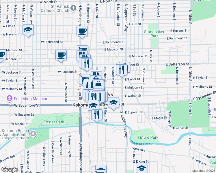 map of restaurants, bars, coffee shops, grocery stores, and more near 208 East Mulberry Street in Kokomo