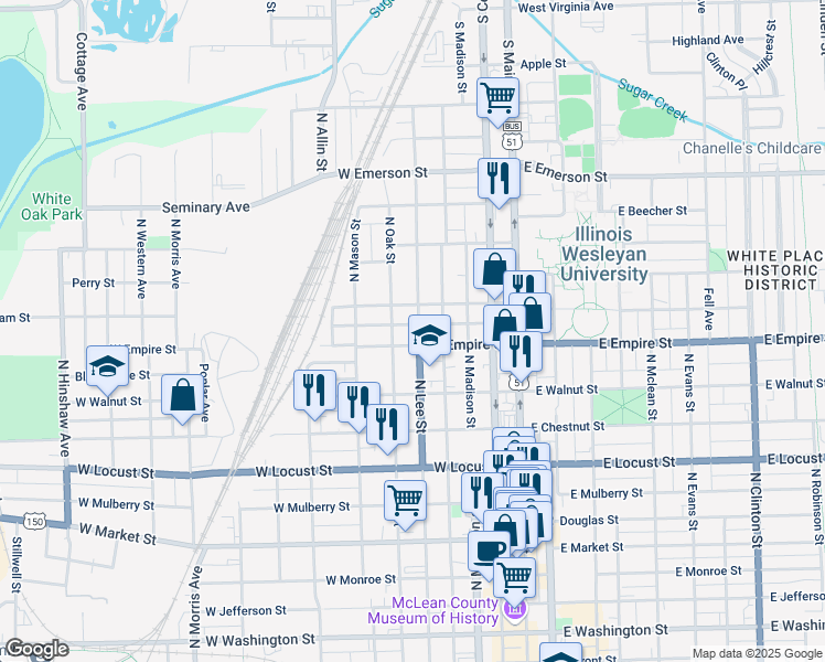 map of restaurants, bars, coffee shops, grocery stores, and more near 916 North Lee Street in Bloomington