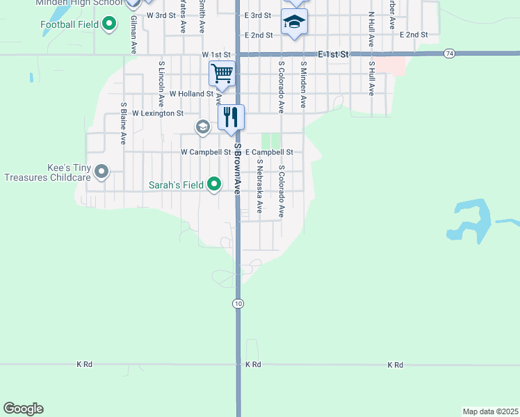 map of restaurants, bars, coffee shops, grocery stores, and more near 857 South Nebraska Avenue in Minden