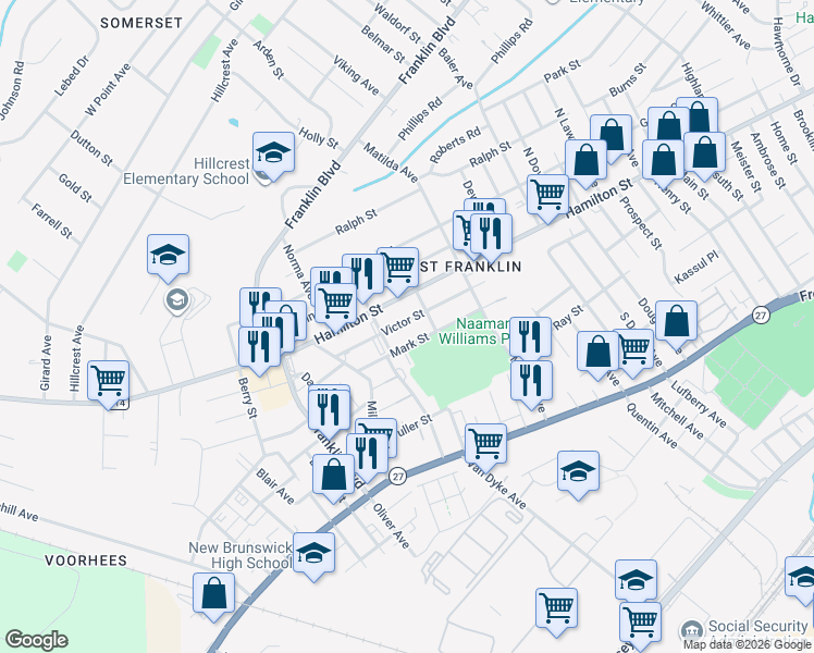 map of restaurants, bars, coffee shops, grocery stores, and more near 138 Victor Street in Franklin Township