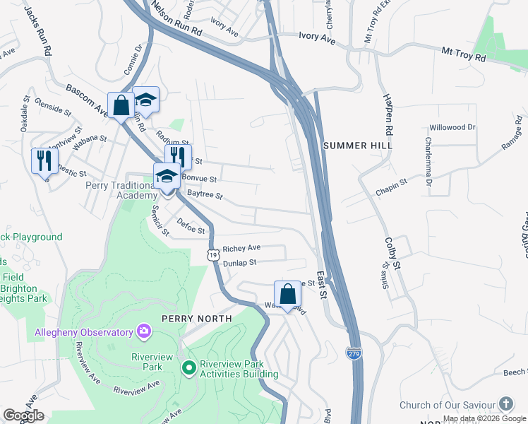 map of restaurants, bars, coffee shops, grocery stores, and more near 3671 Baytree Street in Pittsburgh