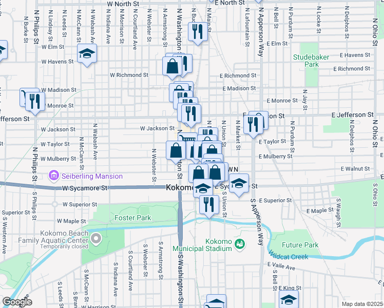map of restaurants, bars, coffee shops, grocery stores, and more near 200 West Mulberry Street in Kokomo