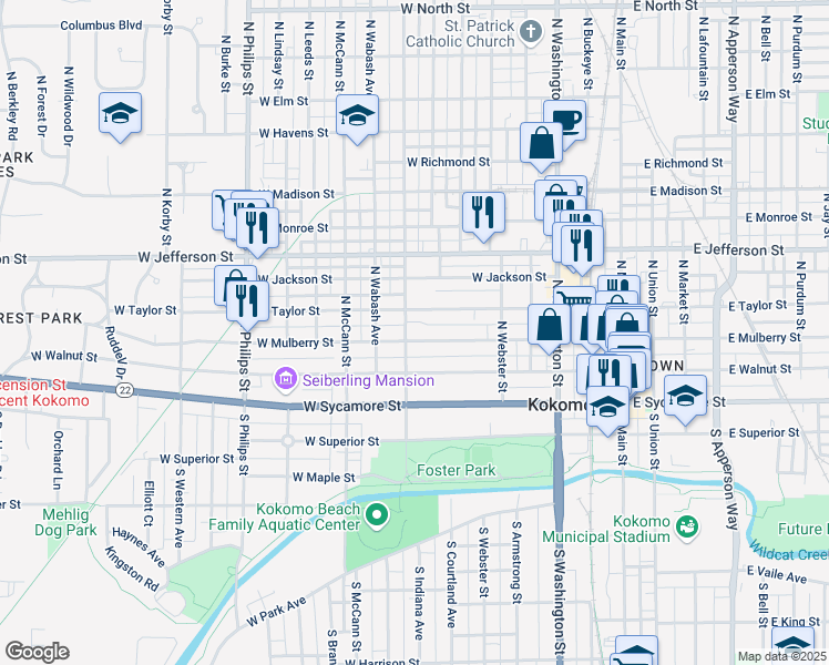 map of restaurants, bars, coffee shops, grocery stores, and more near 718 West Mulberry Street in Kokomo