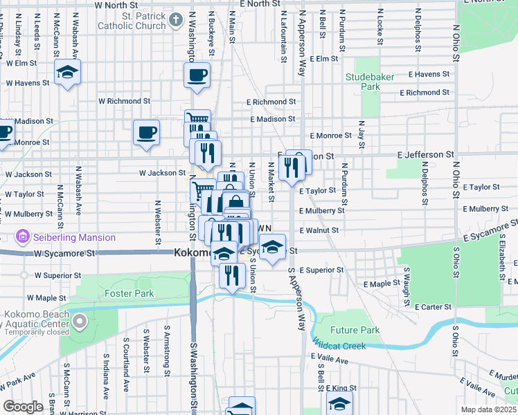 map of restaurants, bars, coffee shops, grocery stores, and more near 210 East Mulberry Street in Kokomo