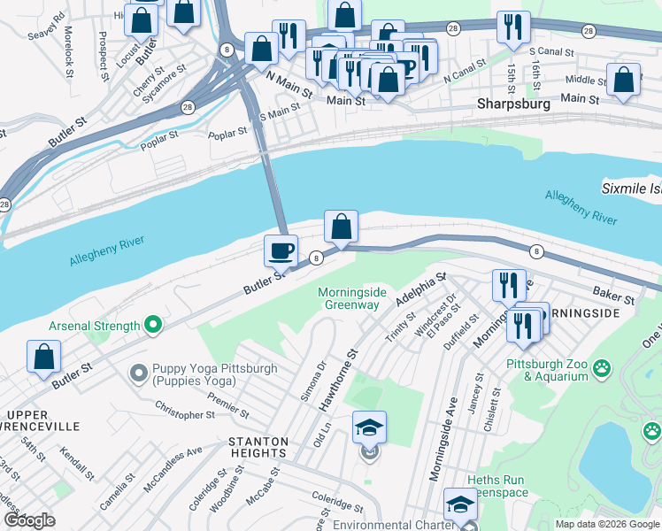 map of restaurants, bars, coffee shops, grocery stores, and more near 6306 Sawyer Street in Pittsburgh