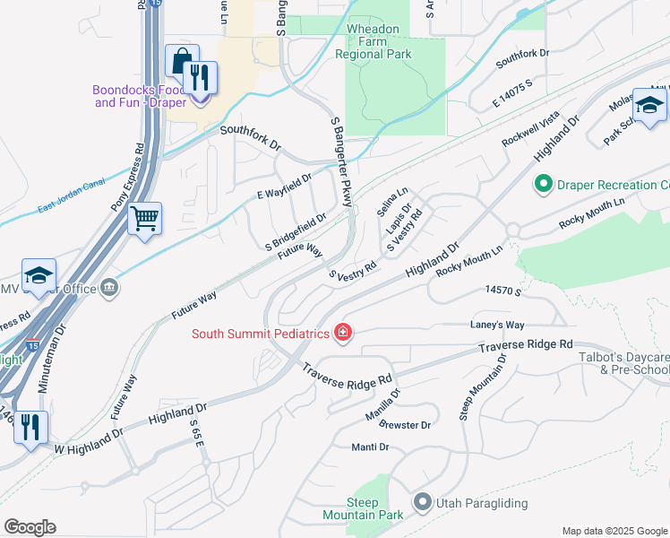 map of restaurants, bars, coffee shops, grocery stores, and more near 281 Endurance Circle in Draper
