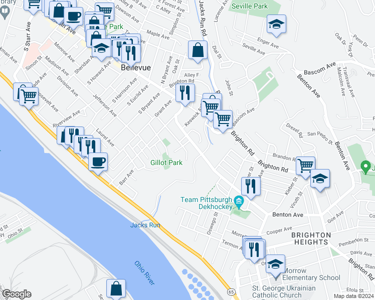 map of restaurants, bars, coffee shops, grocery stores, and more near 36 Washington Avenue in Bellevue