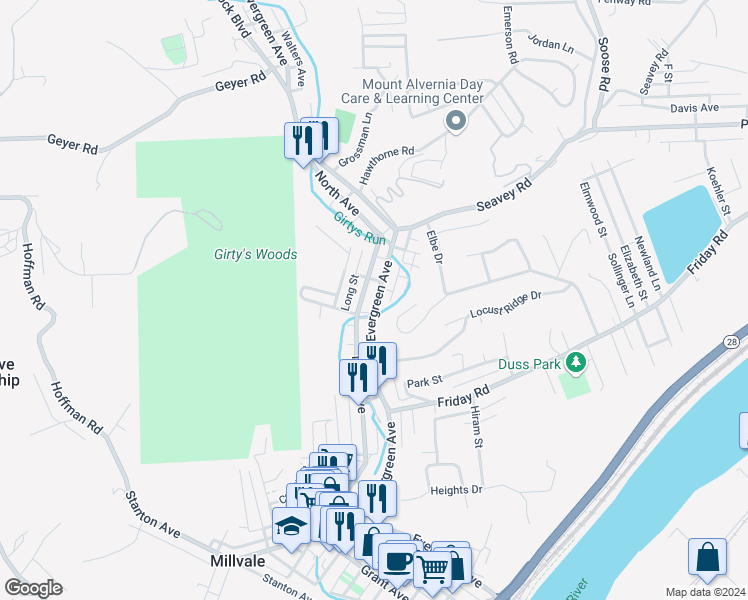 map of restaurants, bars, coffee shops, grocery stores, and more near 813 Evergreen Road in Millvale