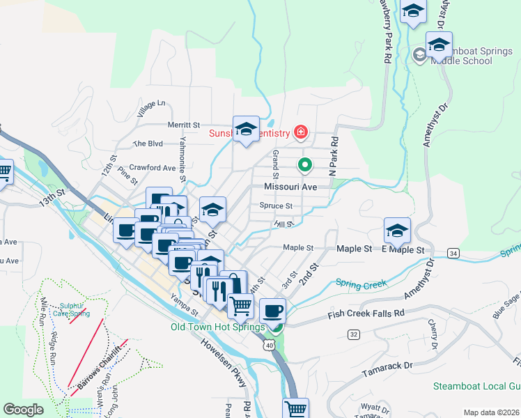 map of restaurants, bars, coffee shops, grocery stores, and more near 229 Hill Street in Steamboat Springs