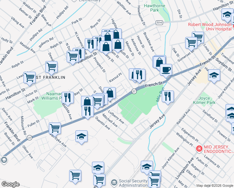 map of restaurants, bars, coffee shops, grocery stores, and more near 3 Alfred Avenue in Franklin Township