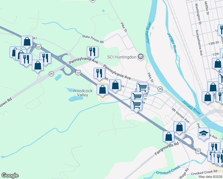 map of restaurants, bars, coffee shops, grocery stores, and more near William Penn Hwy in Huntingdon
