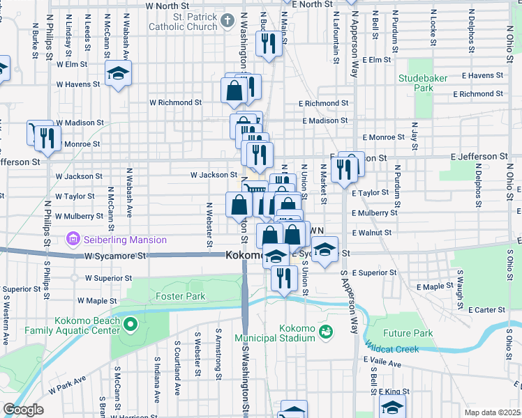 map of restaurants, bars, coffee shops, grocery stores, and more near 209 West Mulberry Street in Kokomo