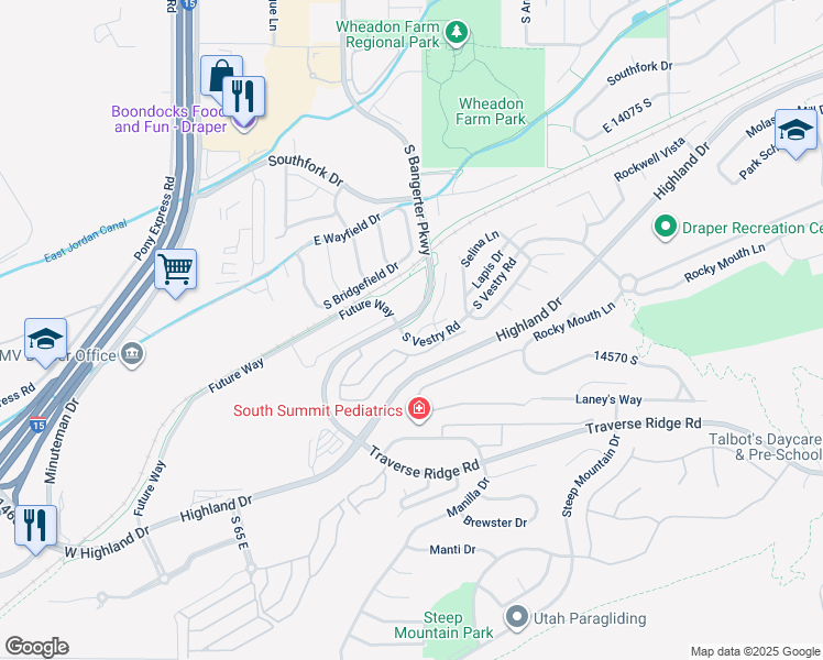 map of restaurants, bars, coffee shops, grocery stores, and more near 283 Endurance Circle in Draper