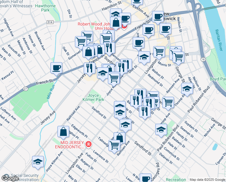 map of restaurants, bars, coffee shops, grocery stores, and more near 218 Baldwin Street in New Brunswick