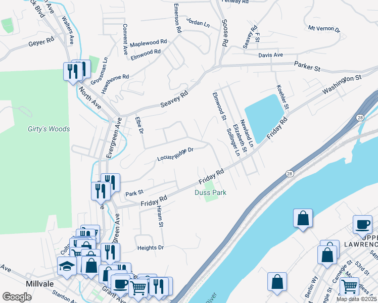 map of restaurants, bars, coffee shops, grocery stores, and more near 377 Friday Road in Pittsburgh