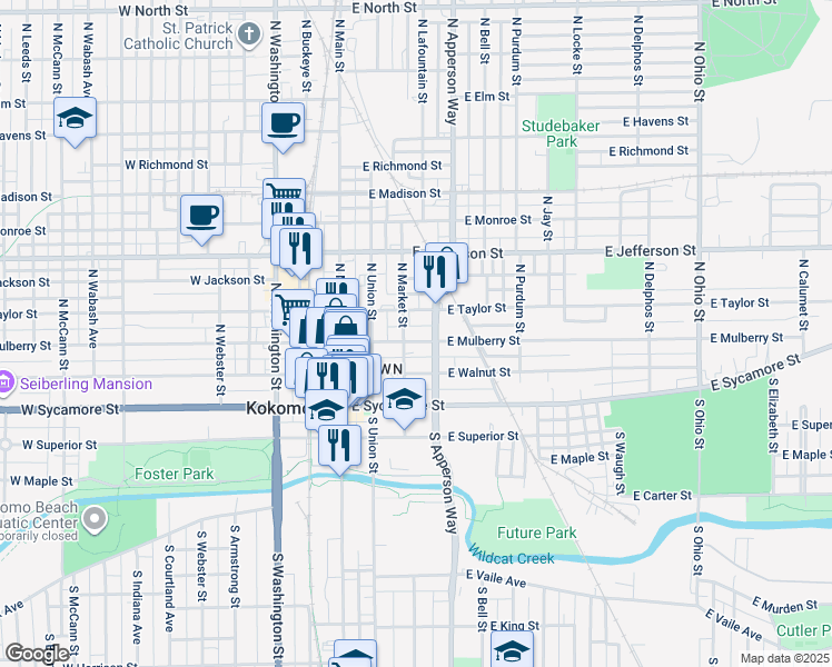 map of restaurants, bars, coffee shops, grocery stores, and more near 210 North Market Street in Kokomo
