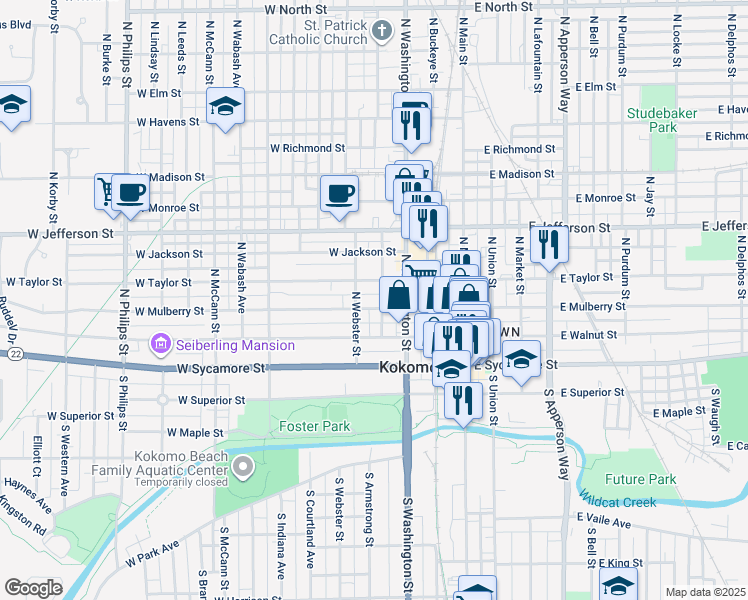 map of restaurants, bars, coffee shops, grocery stores, and more near 321 West Mulberry Street in Kokomo